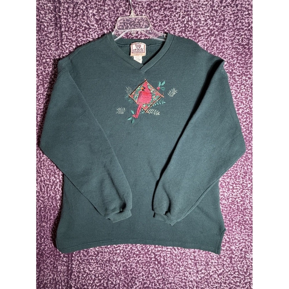 Top Stitch Embroidered Cardinal Sweatshirt XL Green Vintage USA Made